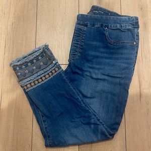 Chicos pull on denim Jegging w embroidered raw edge hem.  Super cute!